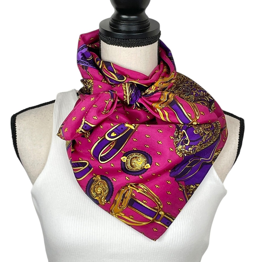 Vintage 100% Silk Fuchsia Purple Equestrian Print Scarf 35x35 Saddle Maximalist